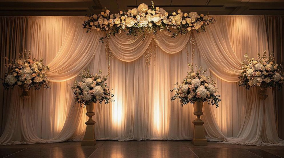 White draping with florals