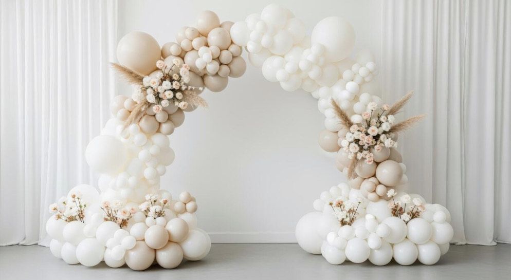 A white bridal balloon arrangement