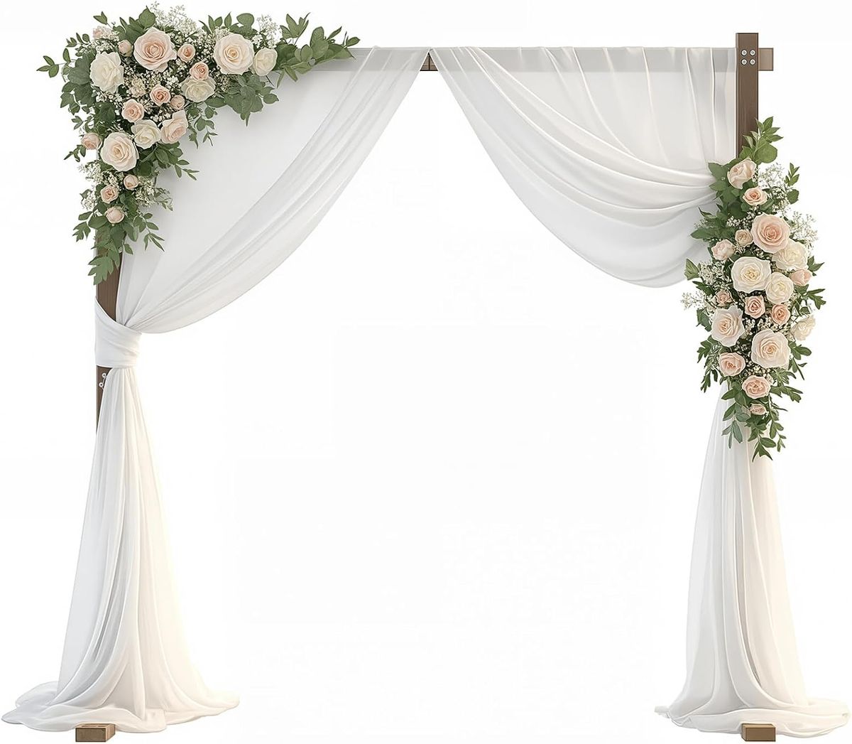 A wooden ceremony arch decorated with draping and florals.